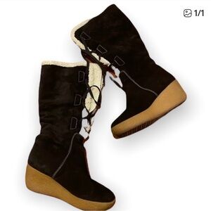 Brown Suede Knee-High Boots with Wedge Heel NWOT
